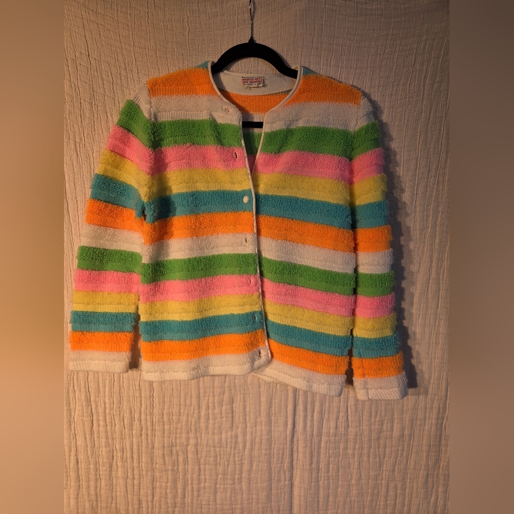 vintage 60s CANDY STRIPED SWEATER textured cardigan bright stripes funky pastel